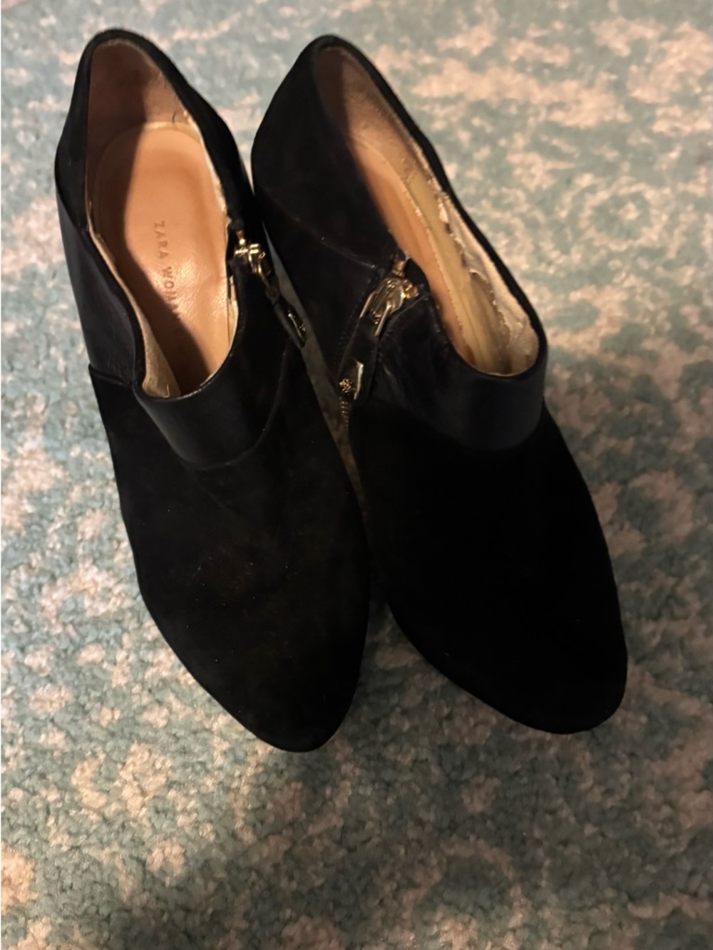 Zara Black Suede Ankle Booties with Gold Side Zipper 5.5 or 36